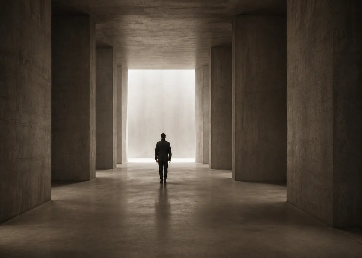 A person stands in the center of a large concrete hall with tall pillars, facing a bright white opening at the far end. The scene is dominated by dark gray concrete tones with a high-contrast light source in the distance.