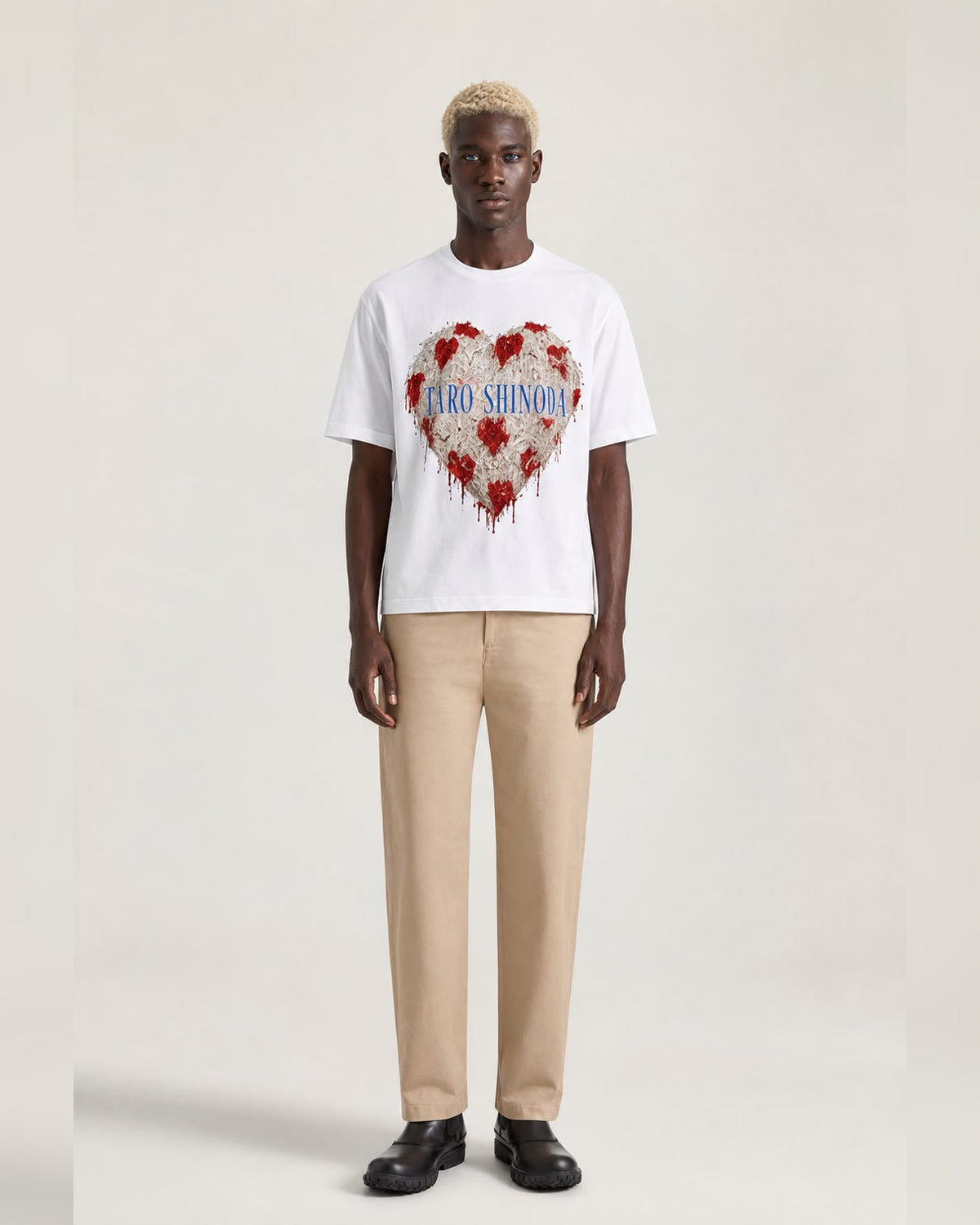 Crimson Signal Heart White Heavyweight Graphic T-Shirt by TARO SHINODA