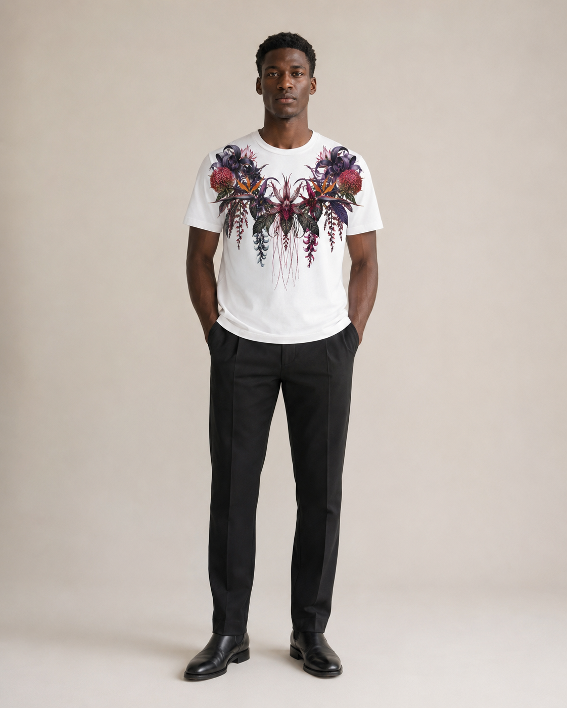 TARO SHINODA Crimson Nocturne White Floral T-Shirt