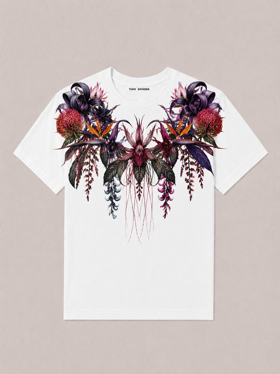 TARO SHINODA Crimson Nocturne White Floral T-Shirt