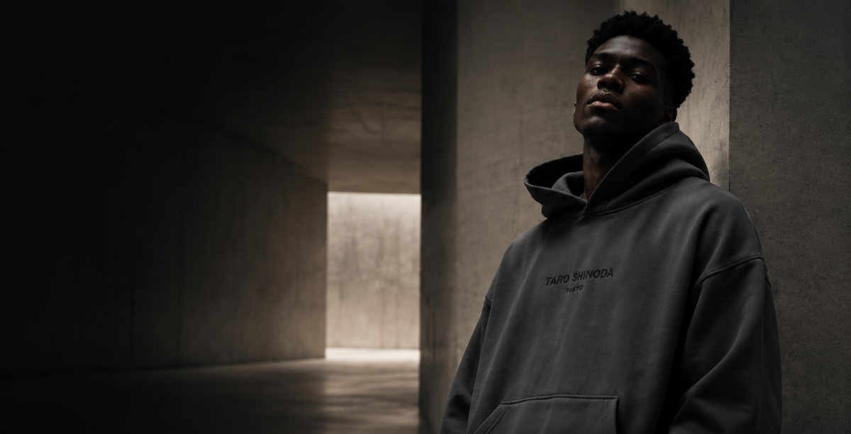 A man wearing a dark gray hoodie with 'THAIYAN SENSATION' printed on the chest, standing in a dimly lit concrete corridor.